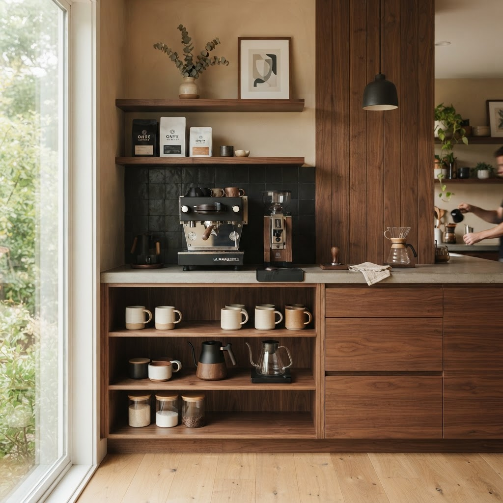 Coffee bar de madera a medida en cocina moderna