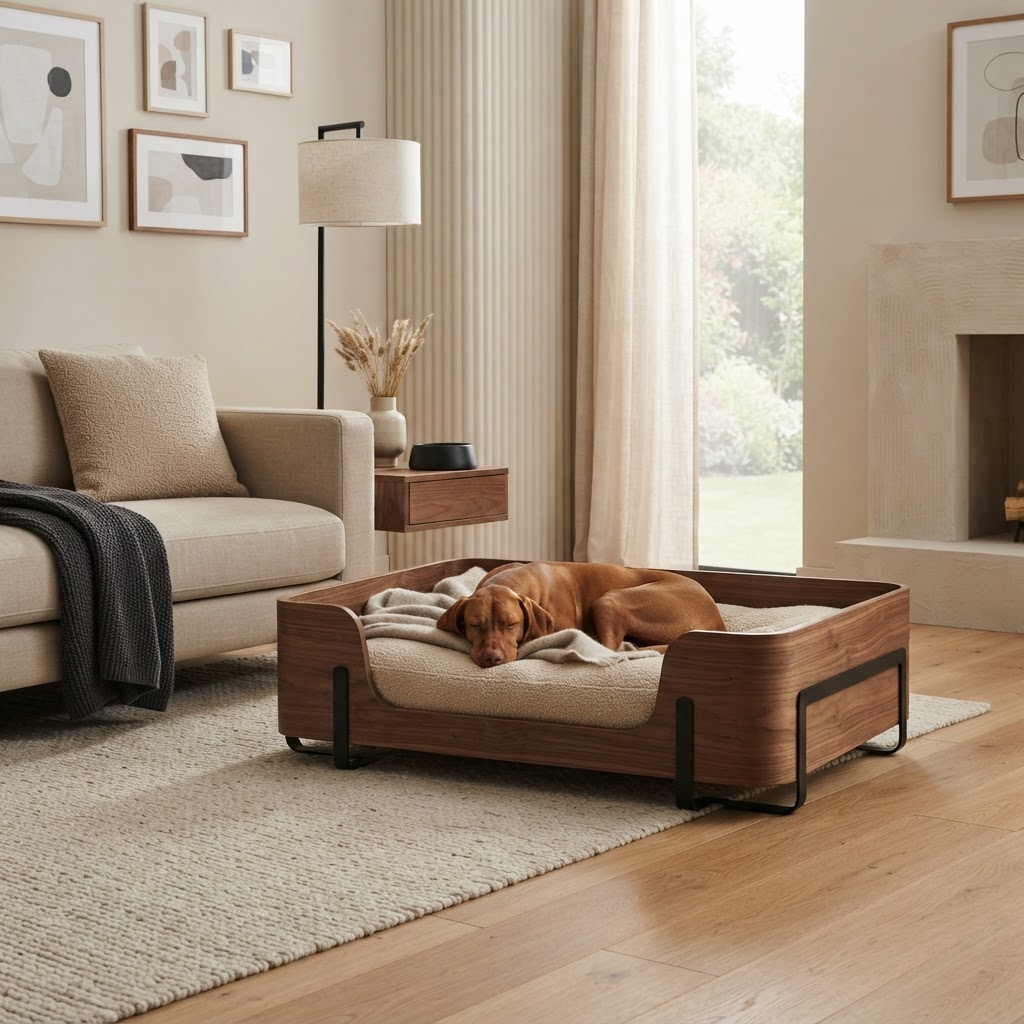 Cama para perro de madera integrada al hogar