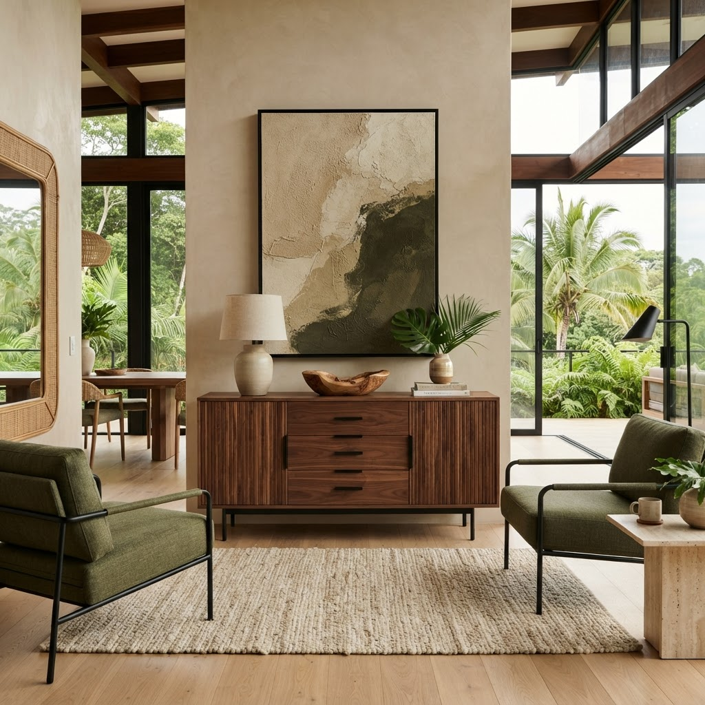 Interior cálido moderno con mobiliario de madera